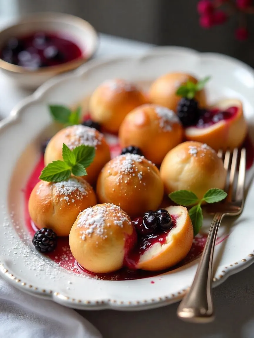 Traditional Danish æbleskiver—fluffy pancake spheres topped with powdered sugar and garnished with fresh mint and berry compote.