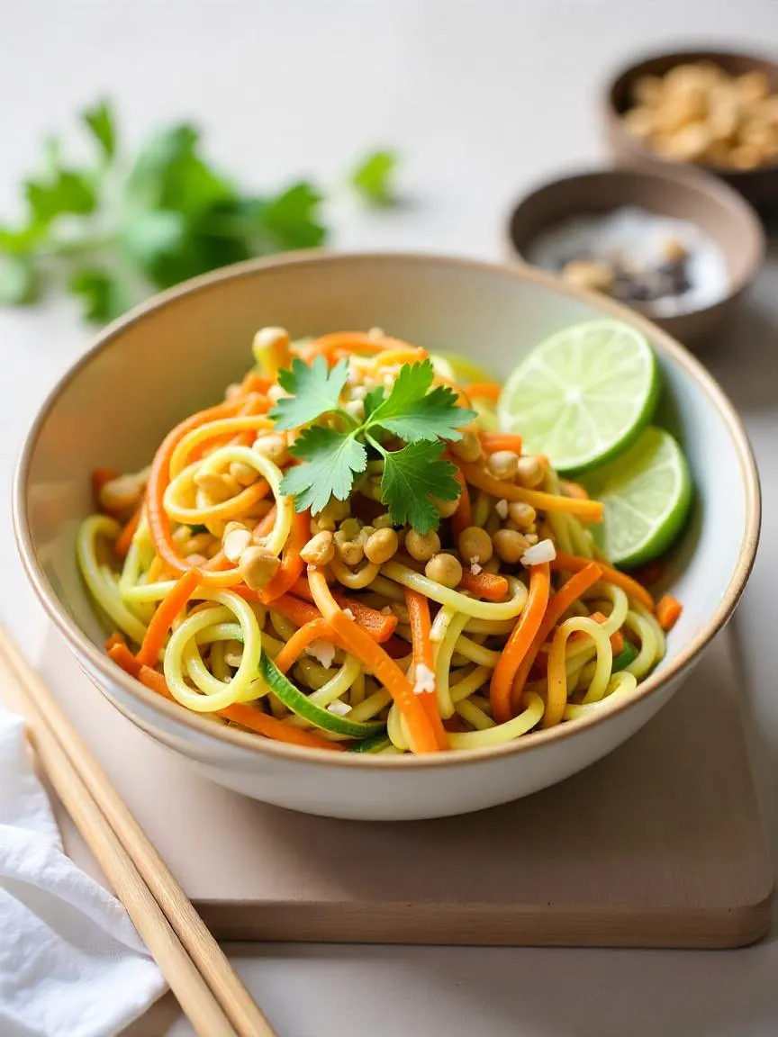 A vibrant bowl of zucchini noodle Pad Thai with tofu and fresh herbs, styled for a calm, mindful cooking experience.