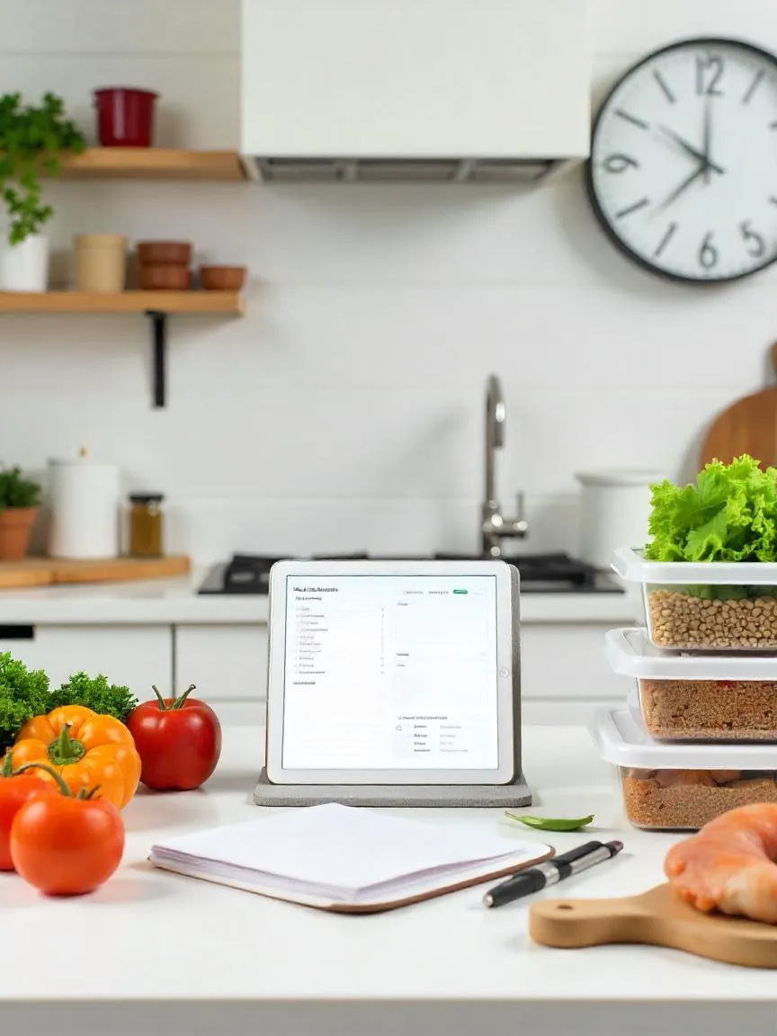 A top-down view of a kitchen setup for batch cooking, featuring a meal plan checklist, recipes, and ingredients prepped for cooking a week's worth of meals in 3 hours.