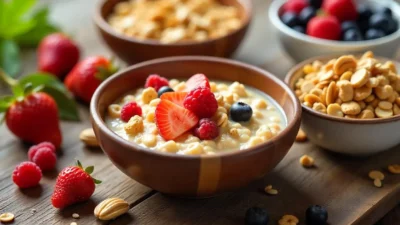 Variety of traditional breakfast cereals served in bowls with fresh fruits, nuts, and milk on a wooden table.