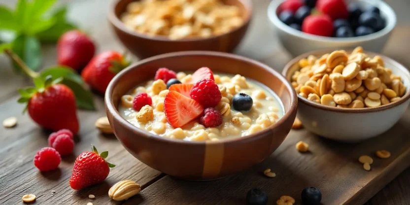 Variety of traditional breakfast cereals served in bowls with fresh fruits, nuts, and milk on a wooden table.