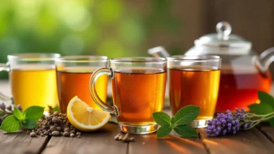 Collage of five calming herbal teas with fresh herbs, symbolizing relaxation and restful sleep.