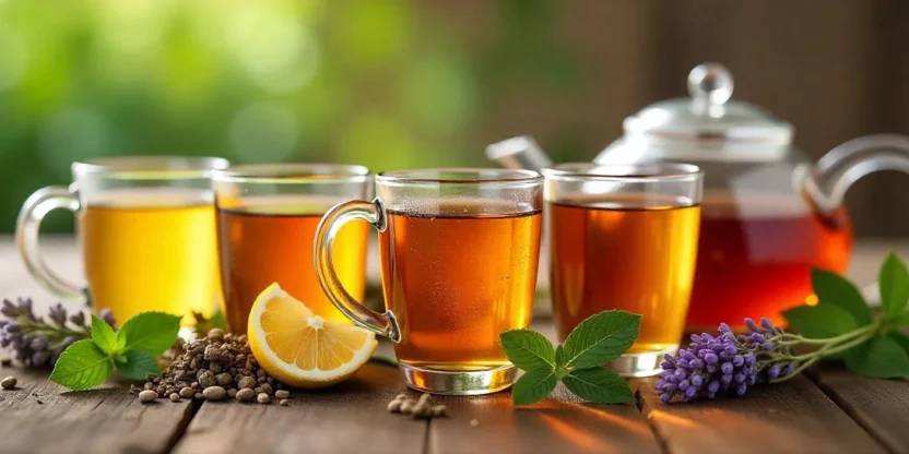 Collage of five calming herbal teas with fresh herbs, symbolizing relaxation and restful sleep.