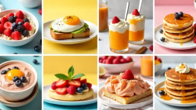 A vibrant breakfast collage featuring colorful bowls of oats with berries, avocado toast topped with a soft egg, a creamy yogurt parfait, a savory fish sandwich, and whole grain pancakes with almond butter.