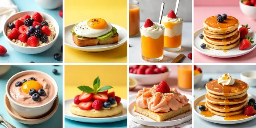 A vibrant breakfast collage featuring colorful bowls of oats with berries, avocado toast topped with a soft egg, a creamy yogurt parfait, a savory fish sandwich, and whole grain pancakes with almond butter.