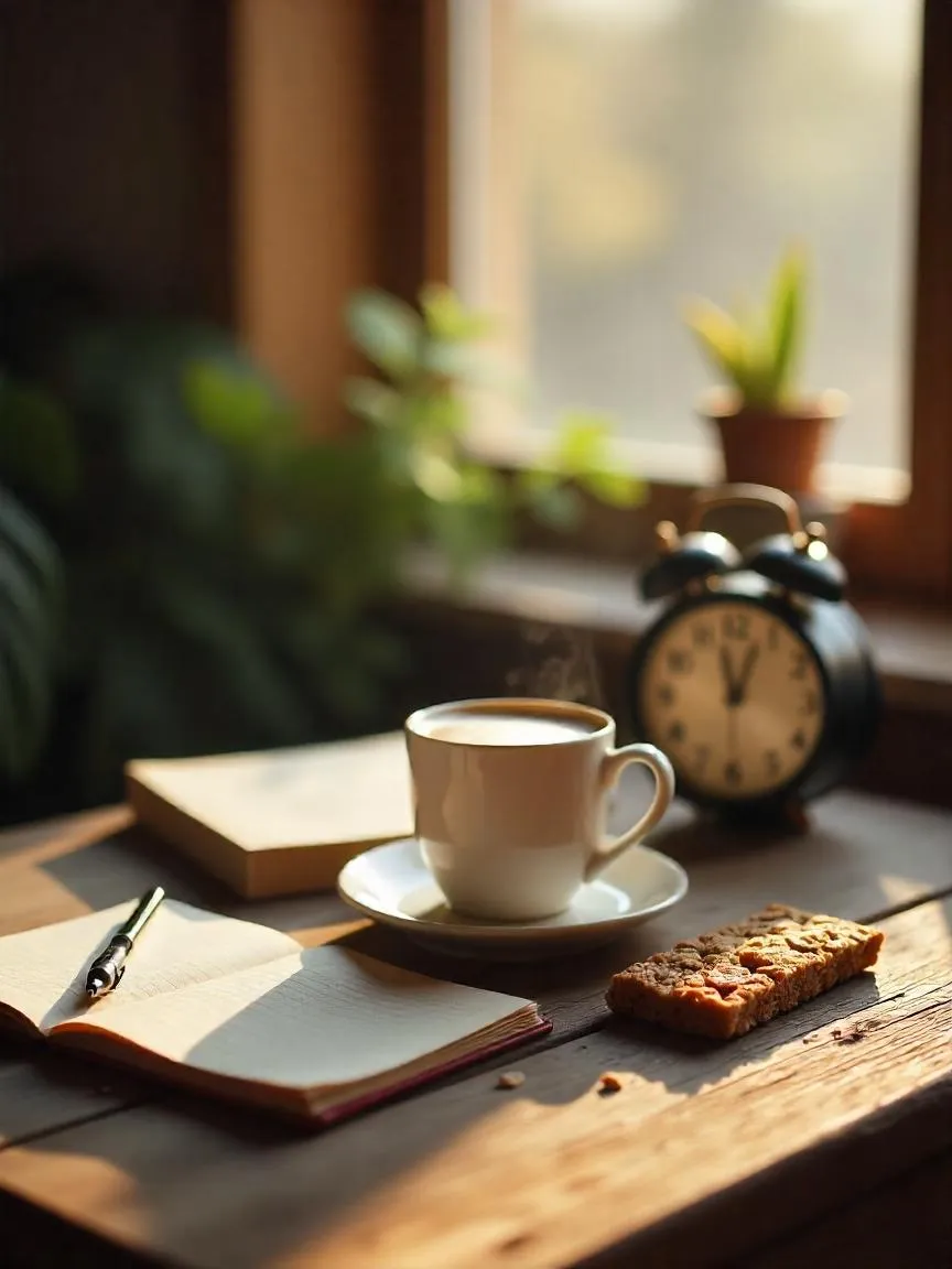 Morning breakfast setup with coffee, granola bar, and soft sunlight through a window, representing the moment between waking up and starting the day energized.