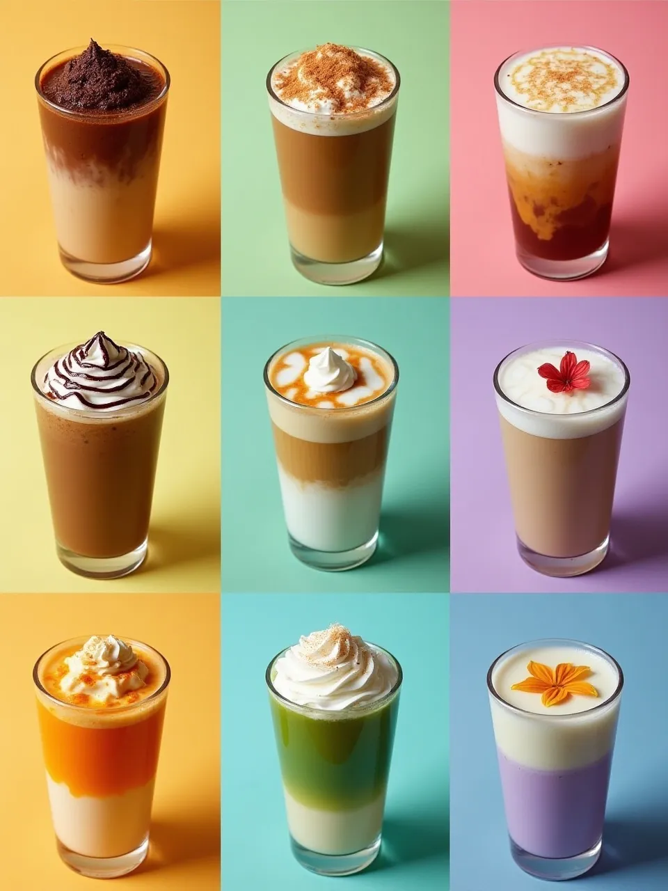 Collage of nine iced latte variations including mocha, honey cinnamon, dirty chai, brown sugar oat, coconut caramel, pumpkin spice, matcha espresso fusion, tiramisu, and lavender vanilla.