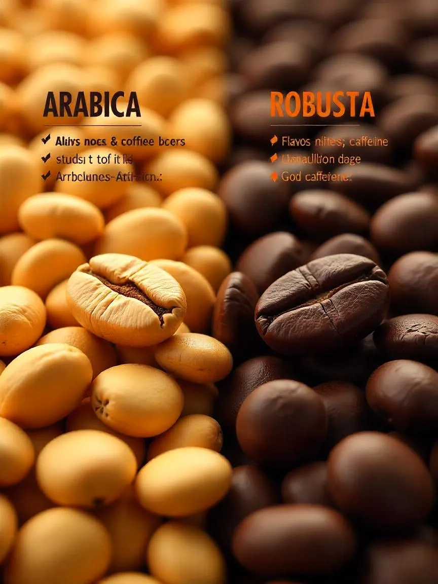 Comparison of Arabica and Robusta coffee beans with notes on flavor and caffeine content, showing smooth Arabica and bold Robusta varieties.