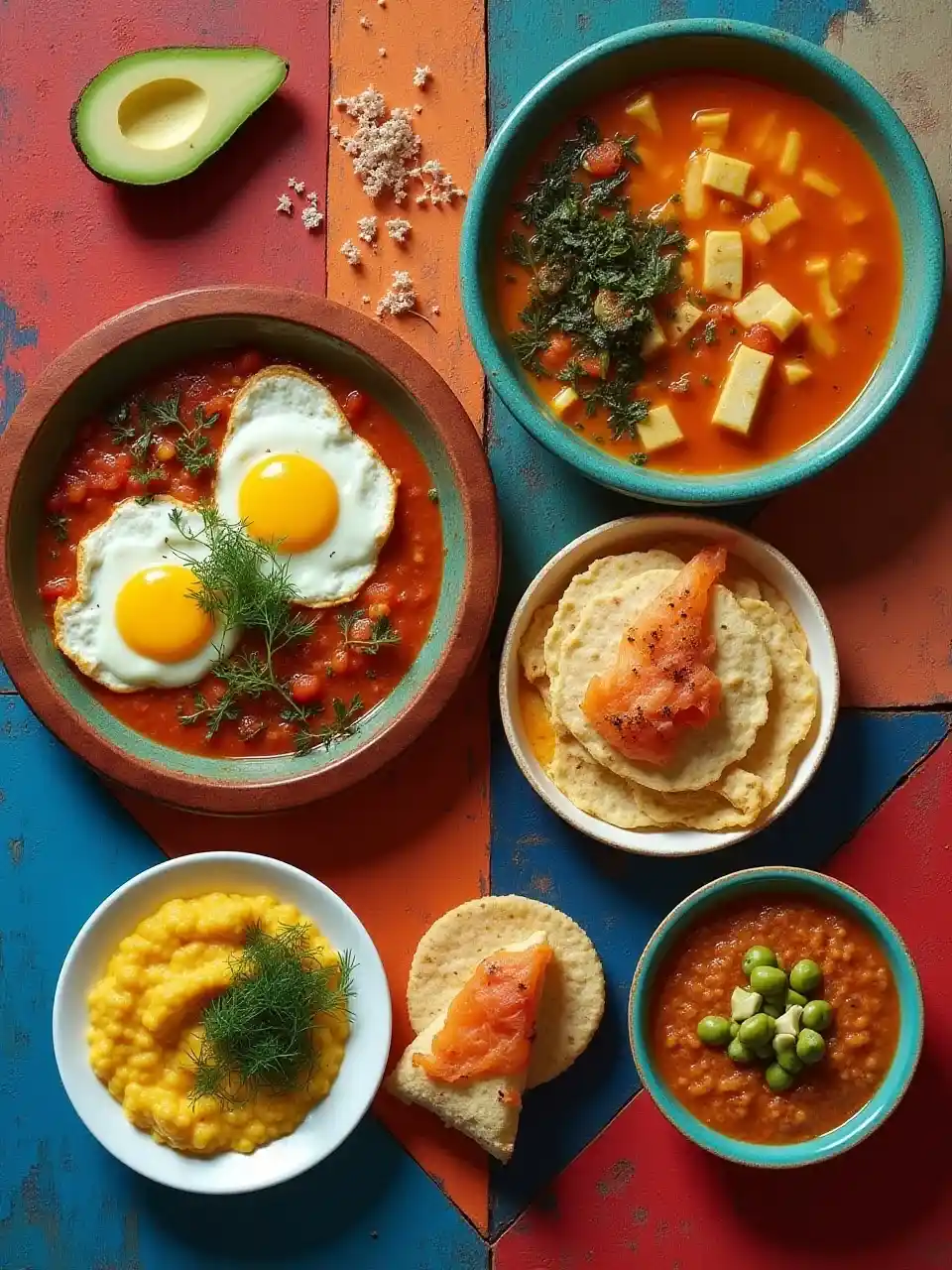 Collage of international breakfasts with flags: Israeli shakshuka, Japanese miso soup, Mexican huevos rancheros, Swedish crispbread with salmon, and Indian upma or poha.