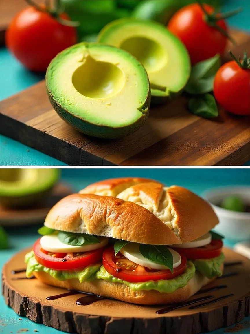 Ciabatta sandwich with mashed avocado, fresh mozzarella, tomato slices, basil, and balsamic glaze on a cutting board.