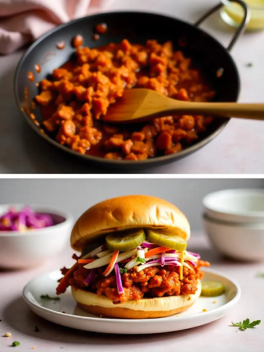 Pulled jackfruit sandwich with BBQ sauce, crunchy slaw, and pickles on a soft burger bun.