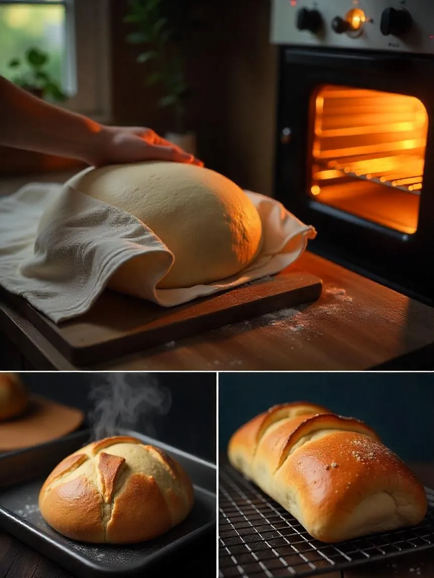 Final rise of bread dough under cloth, hand pressing dough, steam from ice cubes in oven, and golden baked loaf cooling on rack.