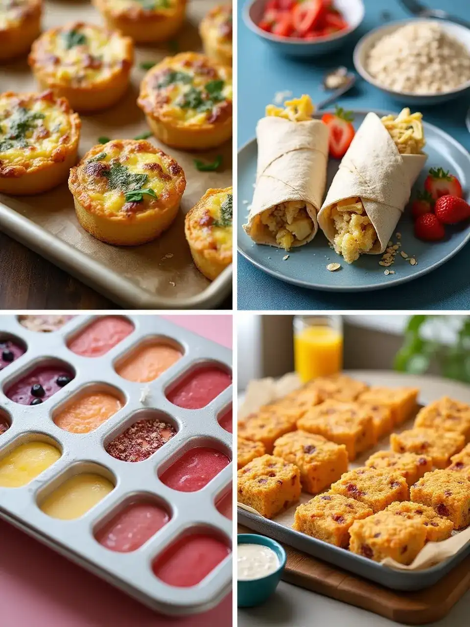 Collage of batch-prepped breakfasts: mini crustless quiches, frozen breakfast burritos, baked oats slices, and frozen smoothie cubes in ice trays.