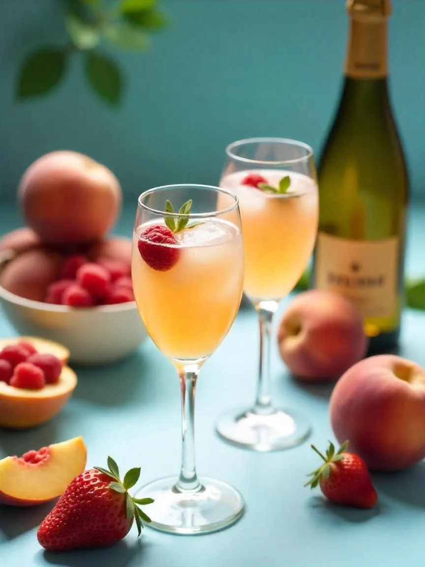 Bellini cocktail making collage with fruit purées, prosecco, flutes, and herb garnishes.