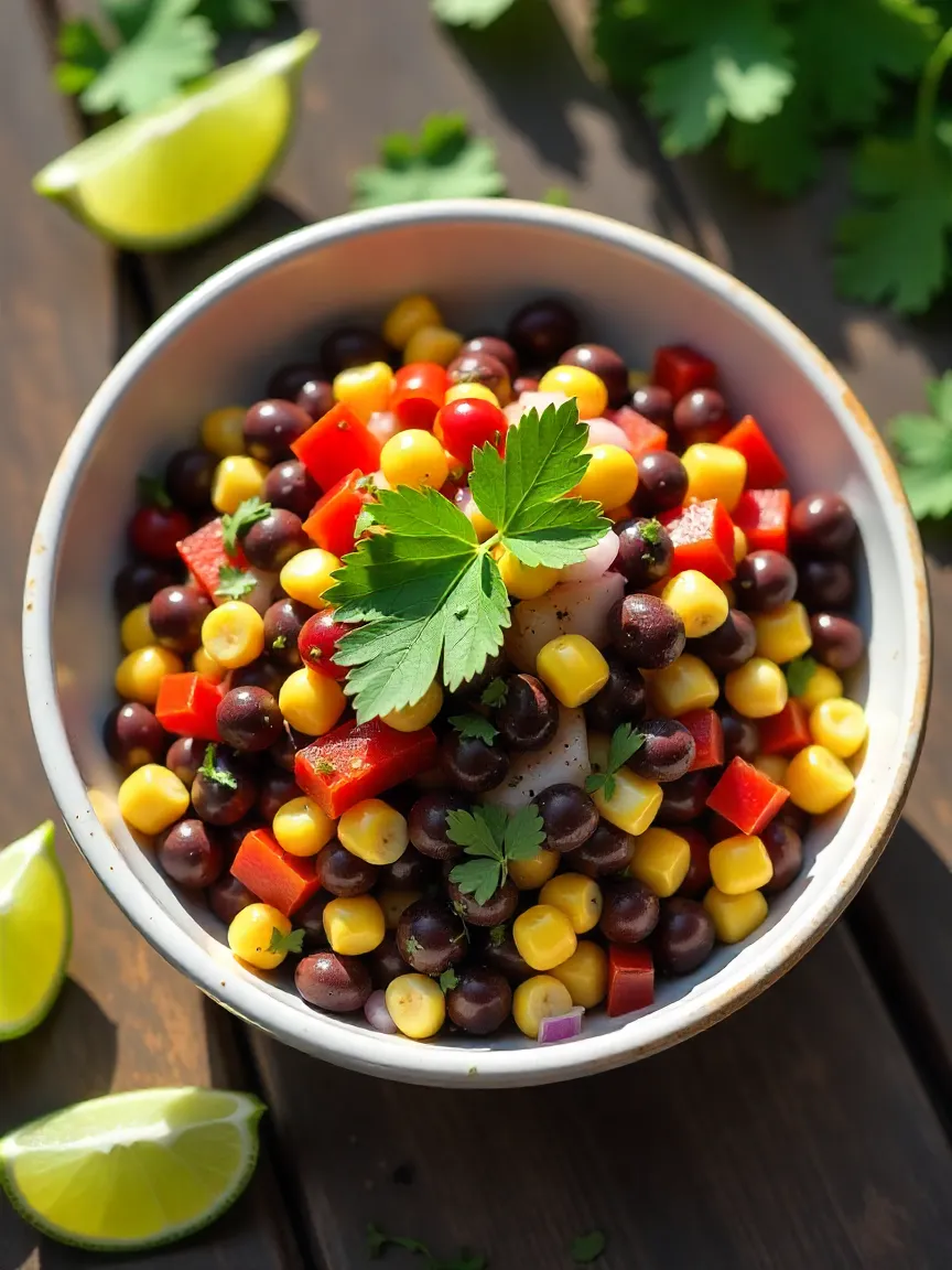 Colorful black bean and corn salad with diced red bell pepper, red onion, fresh cilantro, and lime dressing.