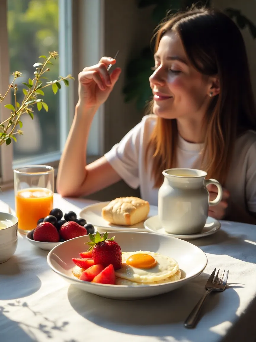 Bright breakfast table with fruit, oatmeal, and juice; person eating a healthy breakfast, feeling energized and focused.