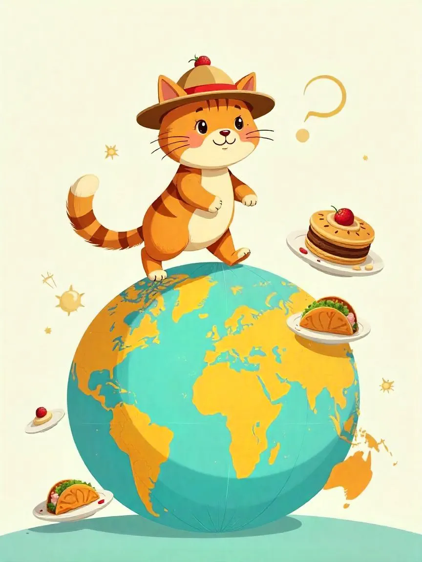 Playful cat next to a breakfast plate with toast and eggs, symbolizing the warmth and joy of morning meals shared across the world.