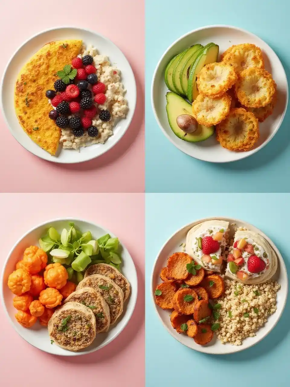 Collage of breakfast styles: protein-rich omelette, low-carb avocado and fritters, high-fiber oats and quinoa, vegan tofu scramble and breakfast burritos.