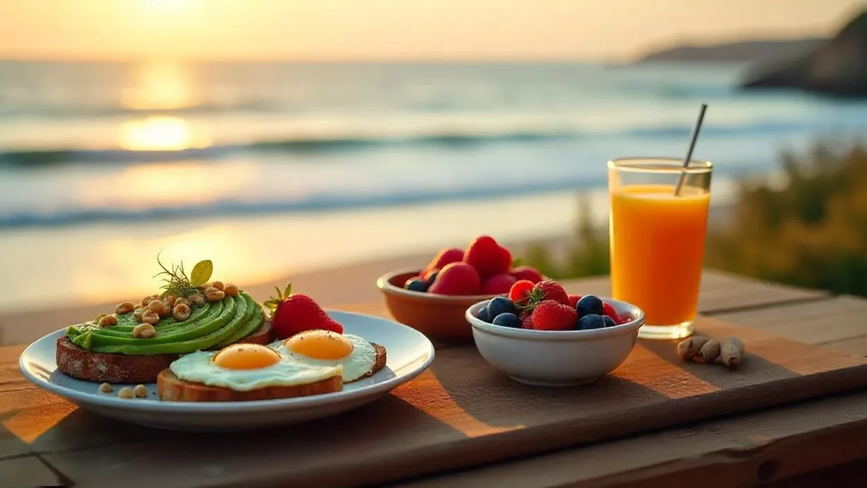 Colorful champion’s breakfast spread on a wooden table by the sea at sunrise, with eggs, berries, toast, yogurt, and smoothie, surrounded by calm ocean and warm morning light.