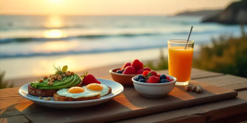 Colorful champion’s breakfast spread on a wooden table by the sea at sunrise, with eggs, berries, toast, yogurt, and smoothie, surrounded by calm ocean and warm morning light.
