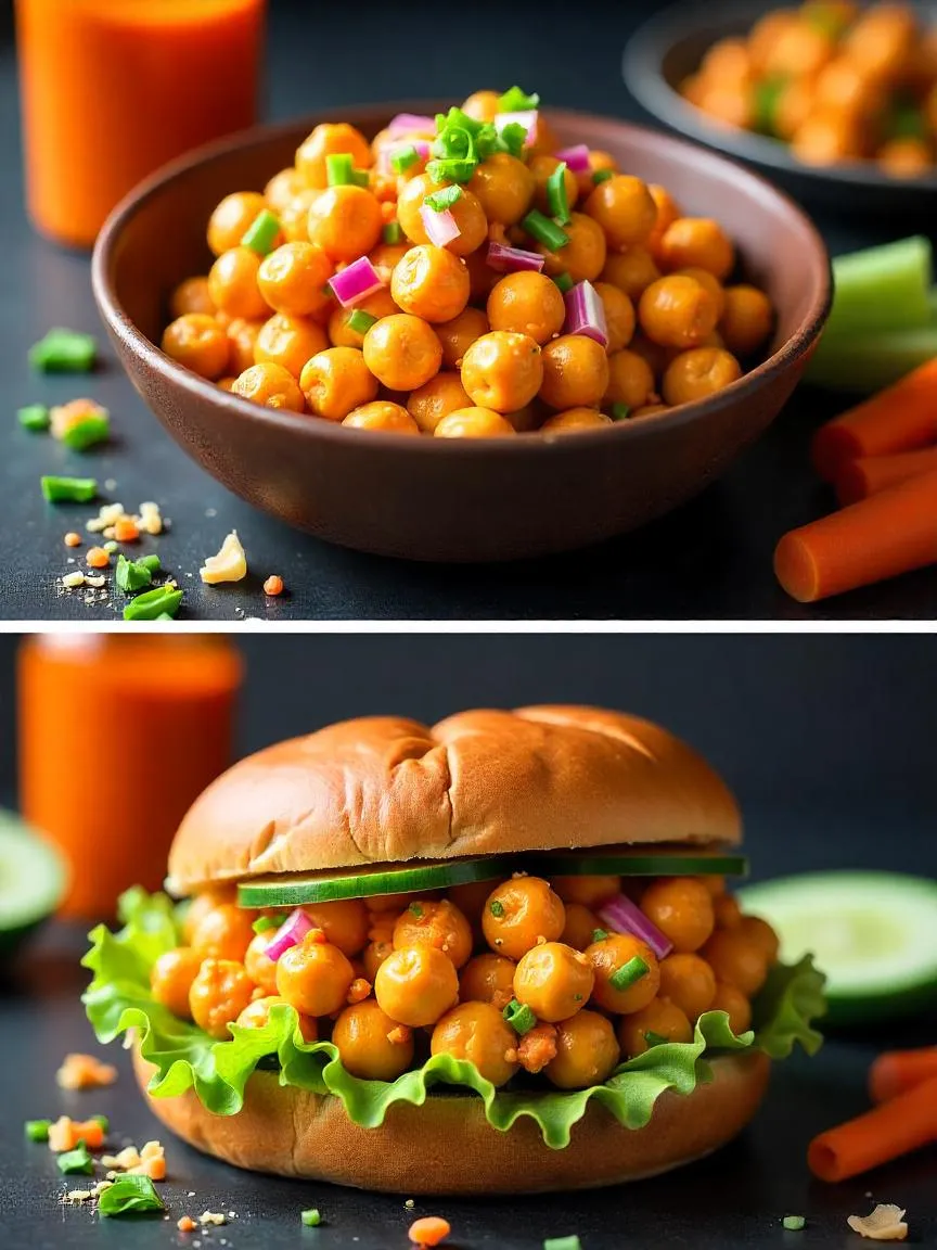 Toasted sandwich filled with mashed buffalo chickpeas, lettuce, cucumber, and shredded carrot on hearty bread.