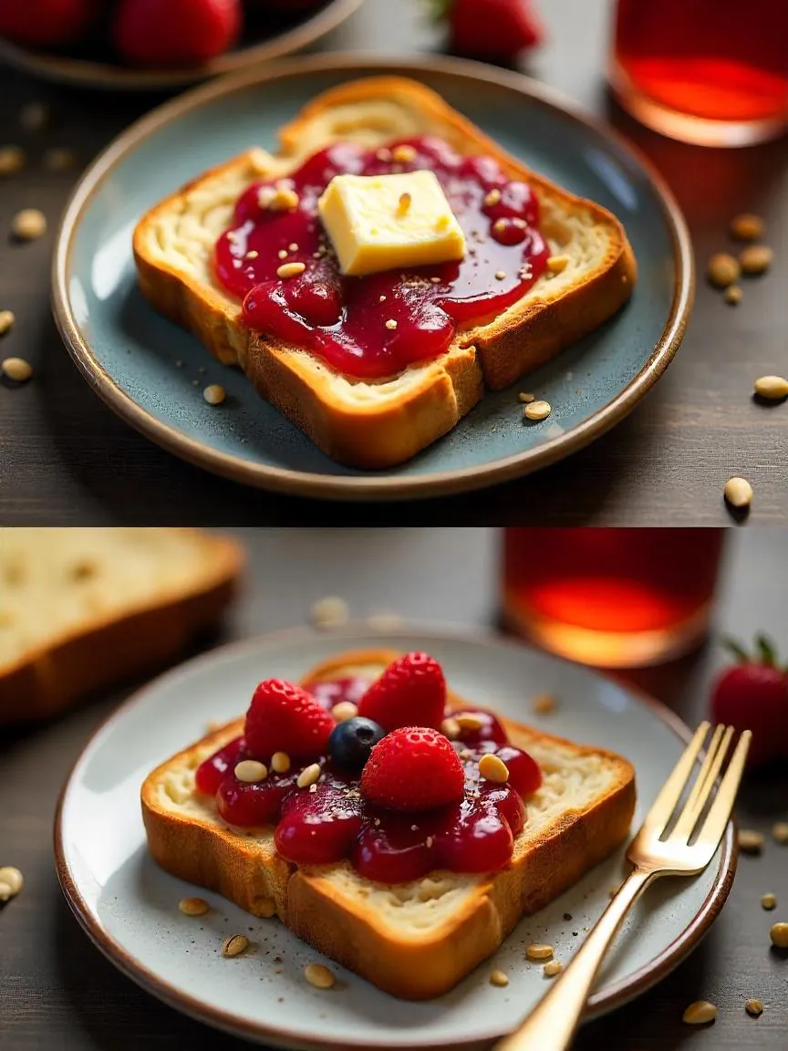 Simple toast setup with plain buttered bread and a bowl of fresh berries, styled to show a classic breakfast in progress