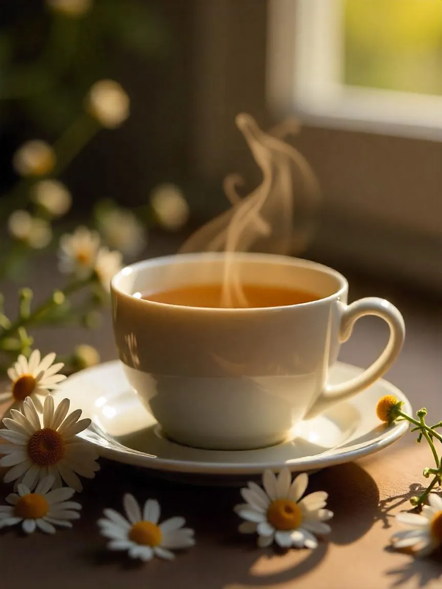 Steaming cup of chamomile tea with fresh chamomile flowers, symbolizing calm and relaxation.