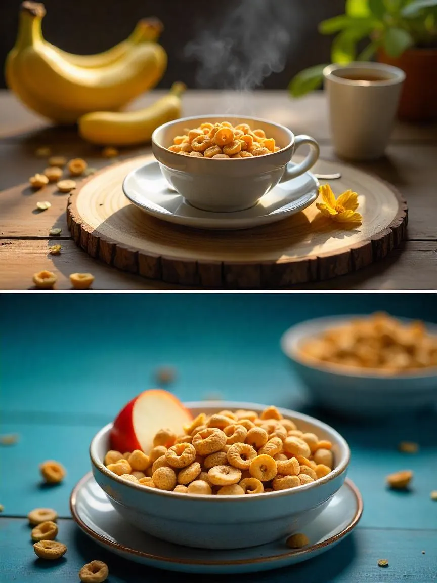 Collage of Cheerios cereal: bowl of Cheerios with fresh berries and milk, and dry Cheerios with nut butter and fruit snack.