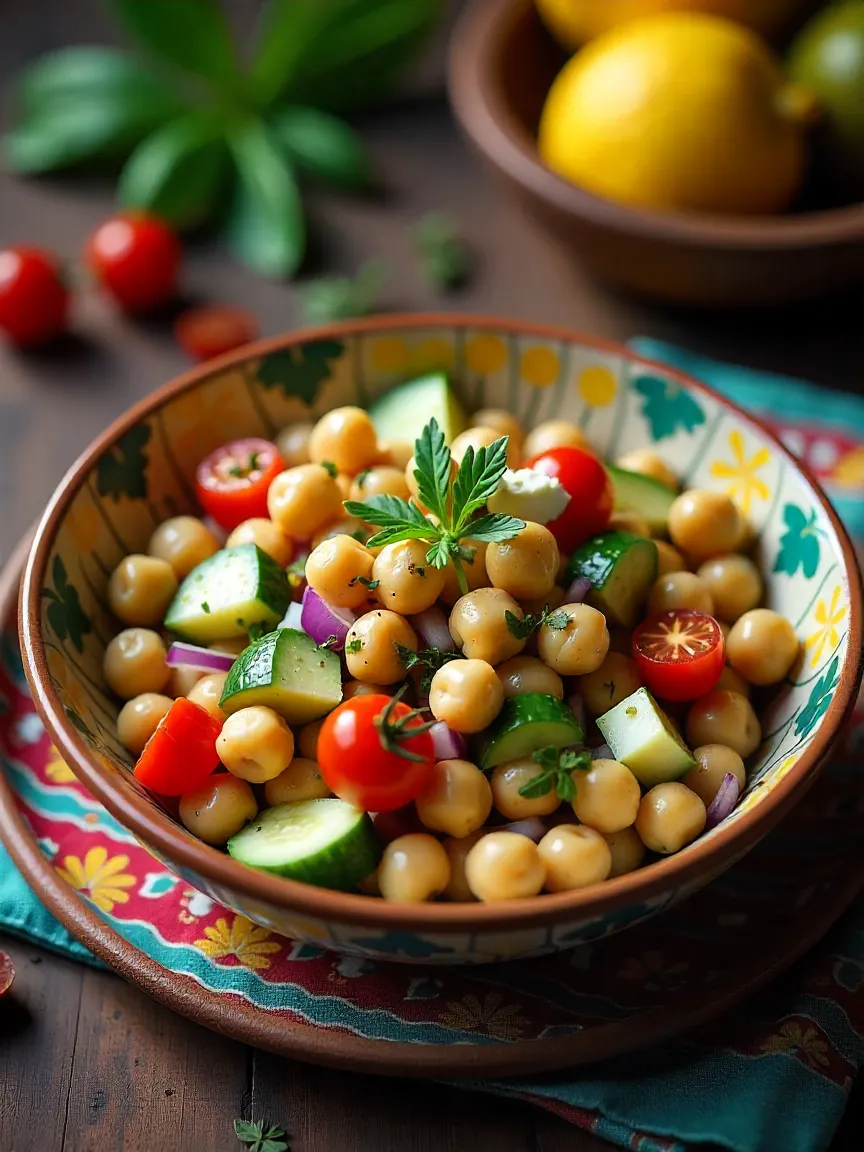 Mediterranean chickpea salad with cucumber, red onion, cherry tomatoes, fresh herbs, and lemon-olive oil dressing