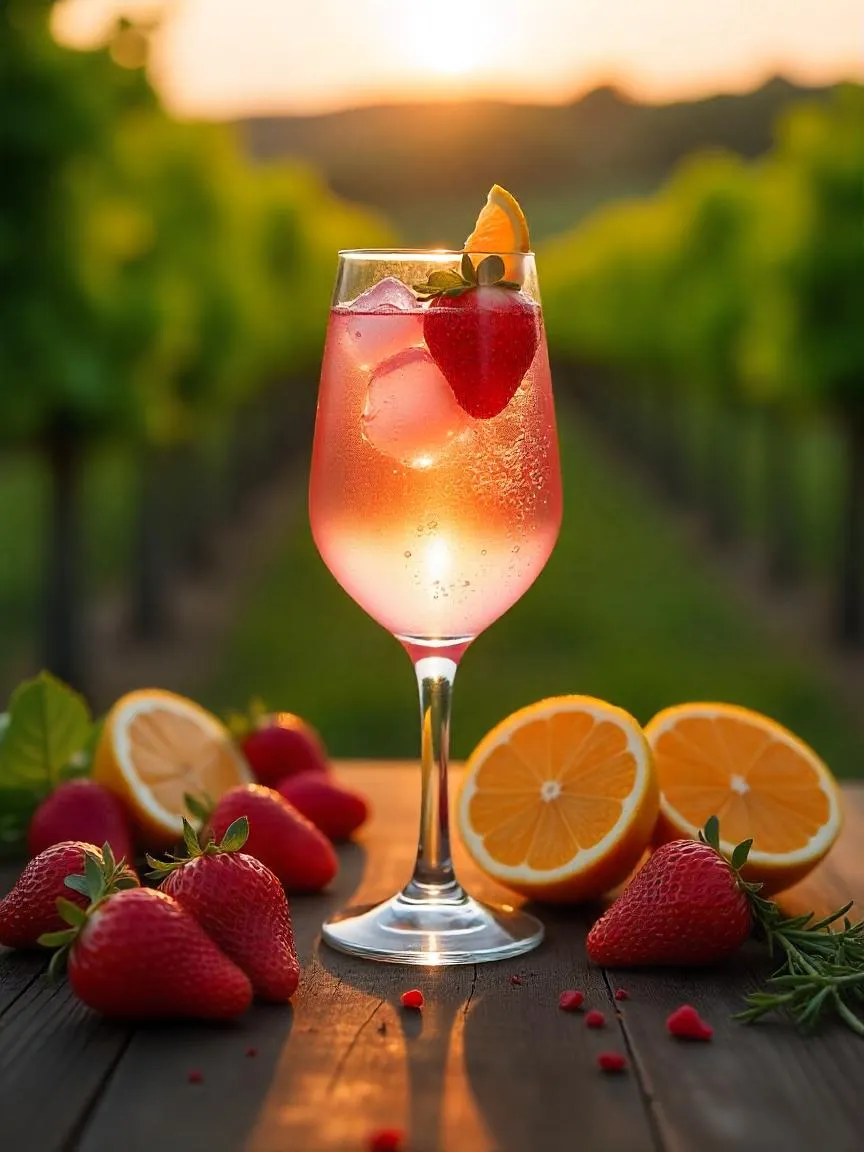 Glass of chilled rosé wine with strawberries and citrus on a summer patio, capturing the fresh and festive spirit of summer sipping.