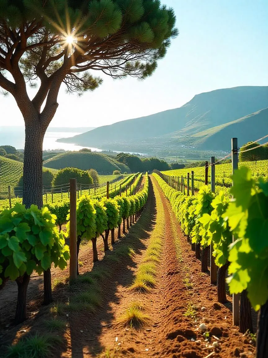 Coastal vineyard landscape with bright sunshine and ocean views, showcasing iconic summer wine regions.