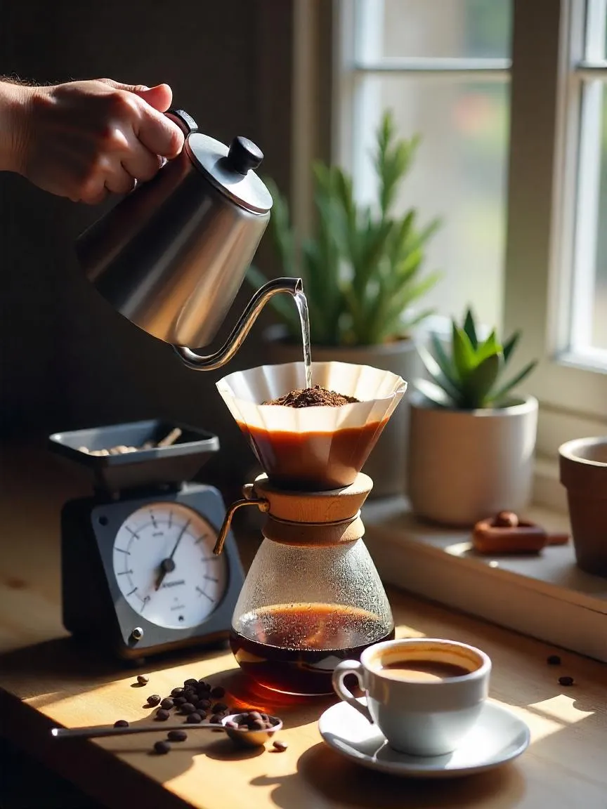 Hands pouring hot water slowly over coffee grounds in a pour-over brewer, bathed in warm morning light, symbolizing a mindful coffee ritual.