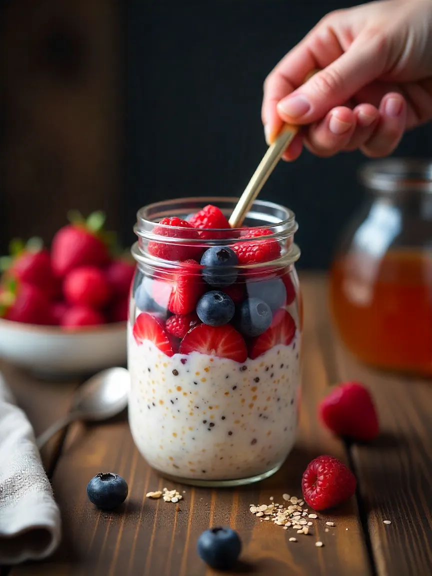 Jar of overnight oats with berries and seeds; hands preparing oats and milk in a jar with fresh berries nearby.