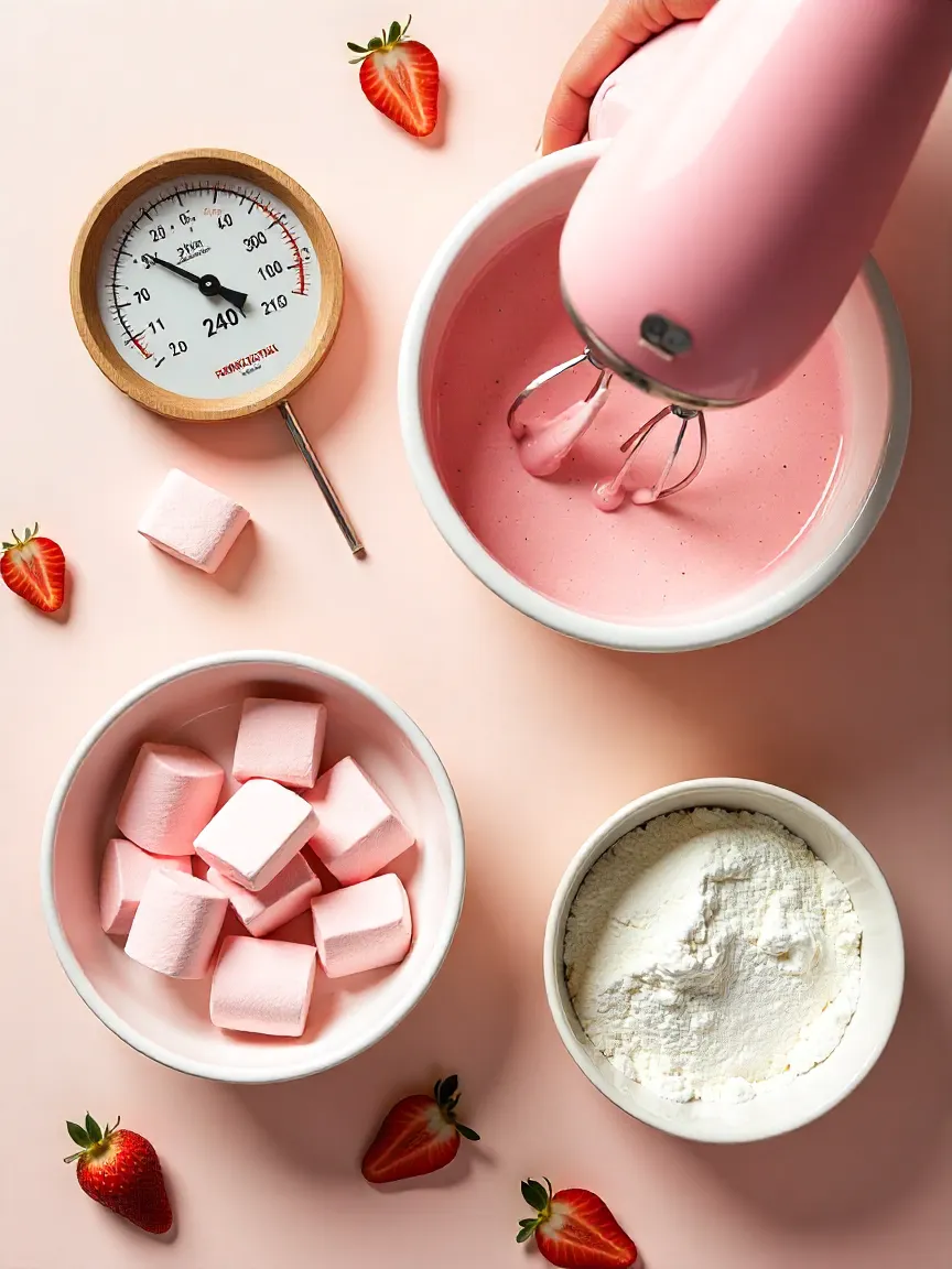 Flat lay of candy thermometer, hand mixer whipping marshmallow mix, strawberry purée, and powdered sugar with cornstarch for coating marshmallows.