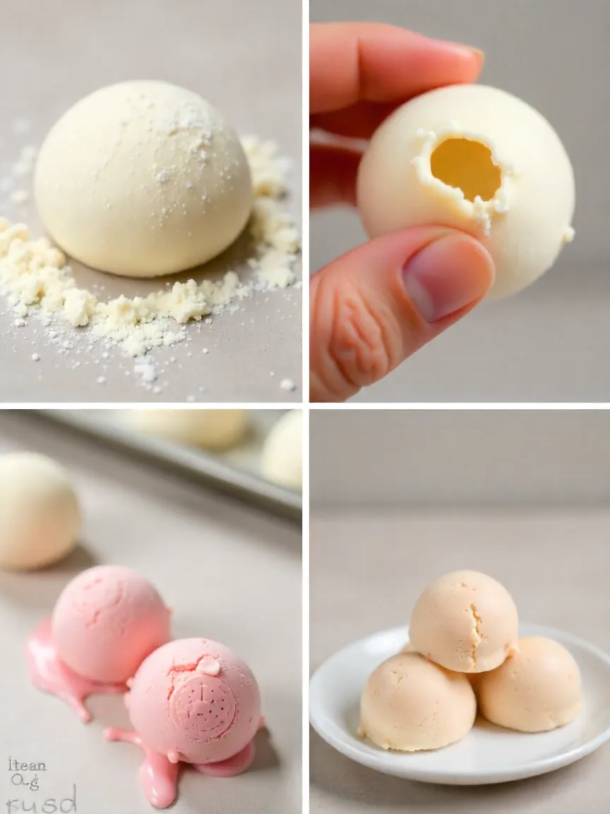 Collage of common mochi-making mistakes and helpful tips with playful visuals.