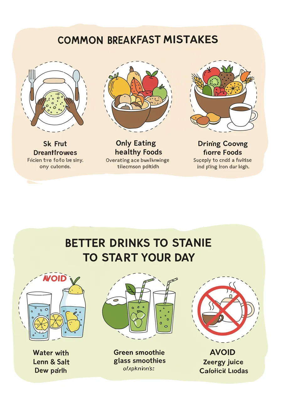 Infographic showing common breakfast mistakes: skipping breakfast, eating only fruit, overeating healthy foods, and drinking only coffee. Also lists better drink choices like water with lemon and salt, coconut water, green smoothies, and herbal teas, with a warning to avoid energy drinks, sugary juices, and zero-calorie sodas.