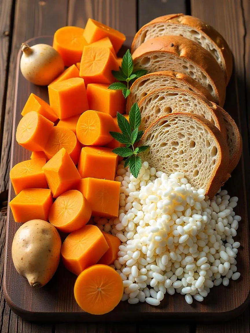 Comparison of healthy and less healthy complex carbohydrates, including whole grains and legumes versus refined grains and white potatoes. 