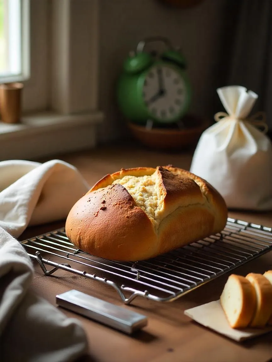 Freshly baked bread cooling on wire rack, kitchen timer, paper bag and towel for storage, foil-wrapped bread, and sliced bread in freezer bag.