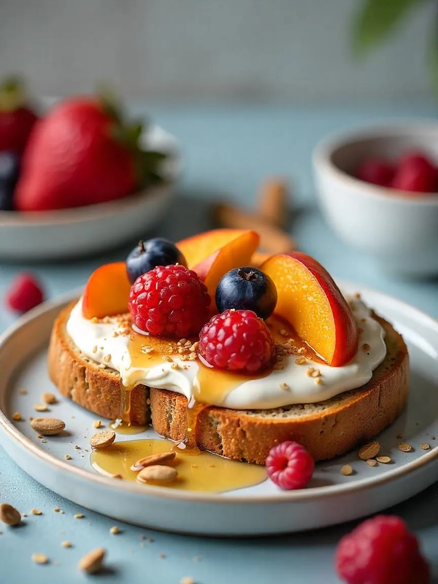 Grainy toast spread with creamy hummus and topped with shredded carrots, cucumber ribbons, radish slices, avocado, and fresh sprouts