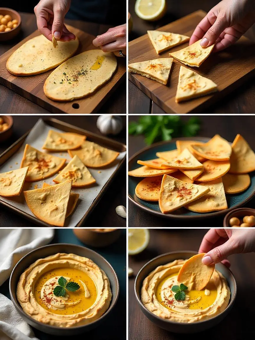 Collage of homemade lavash chips being cut, baked, and served with creamy garlic hummus; rustic setup showing cozy and flavorful snack preparation.