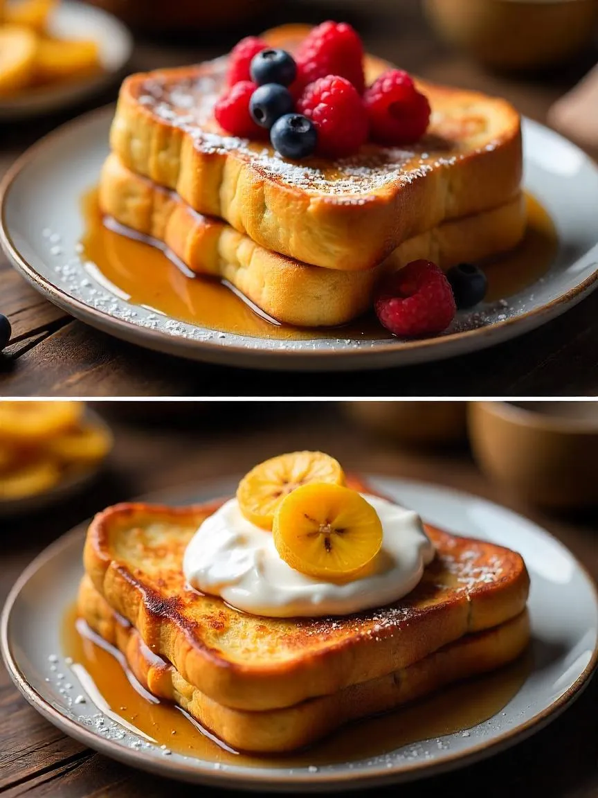 Golden brioche French toast topped with maple syrup, powdered sugar, and fresh berries on a white plate