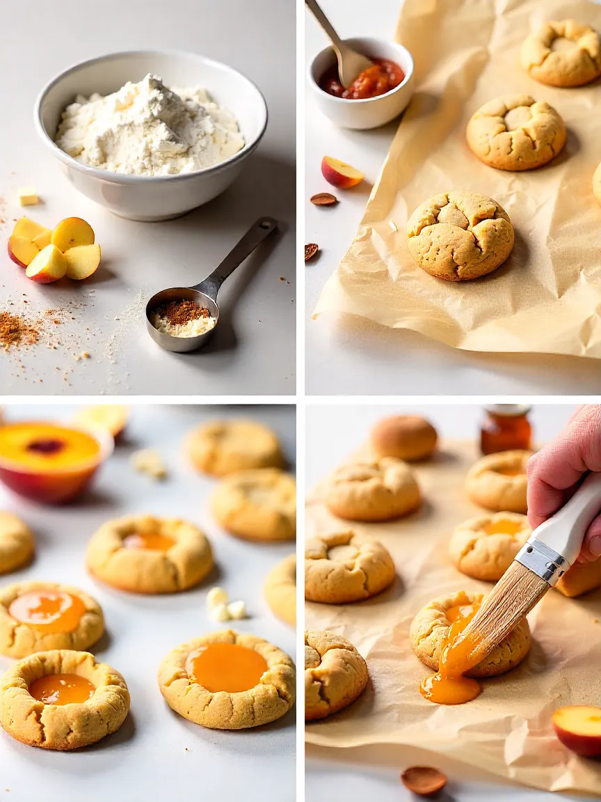 Collage showing gluten-free, vegan, and flavor-boosting options for peach cookies