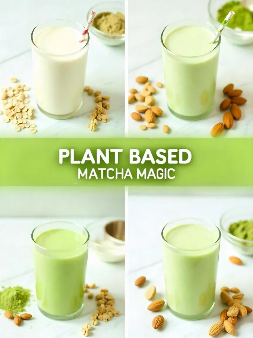 Collage showing plant-based milk options with matcha powder and natural sweeteners for a dairy-free latte.