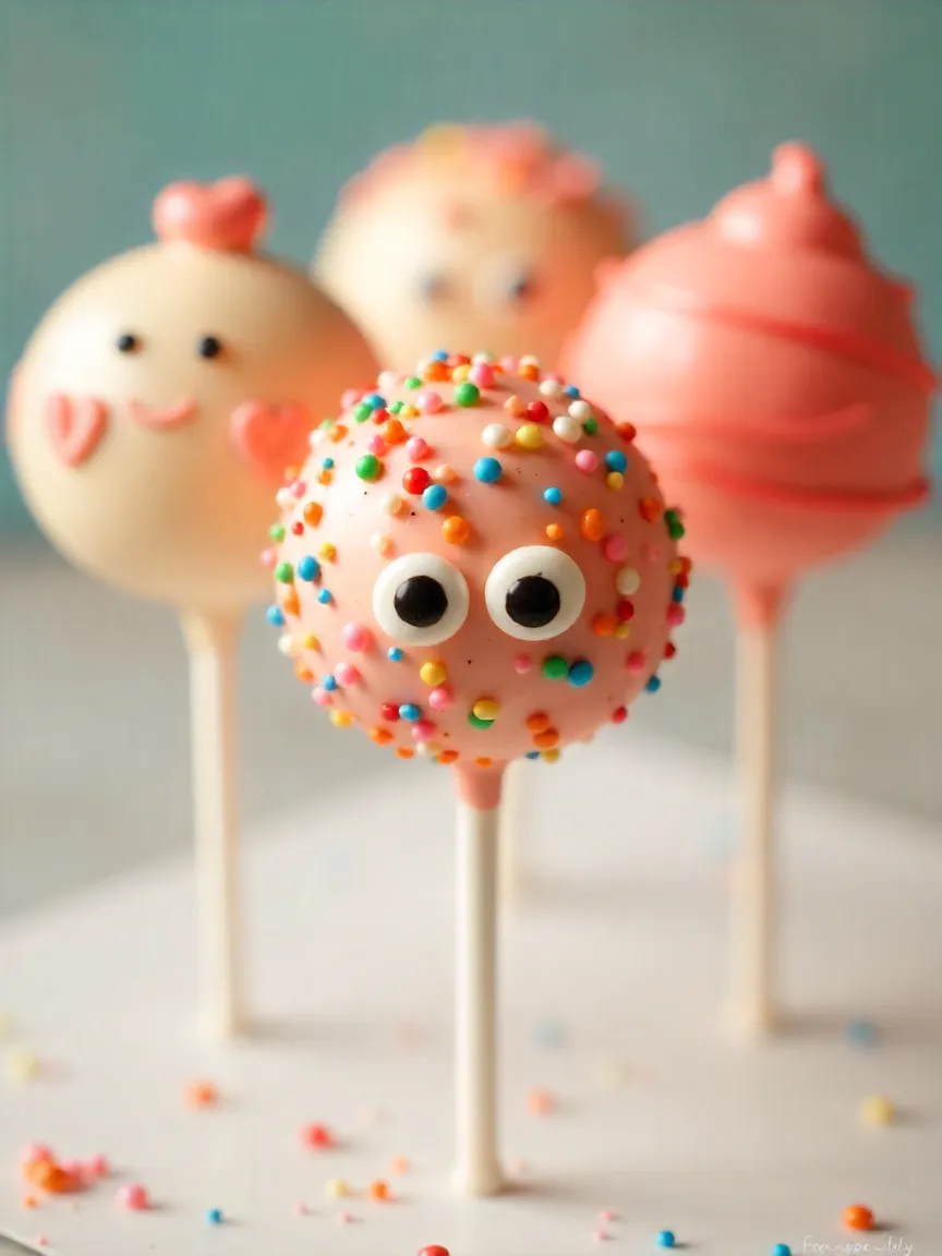 Cake pops decorated with sprinkles, gold dust, googly eyes, Halloween and Valentine’s themes