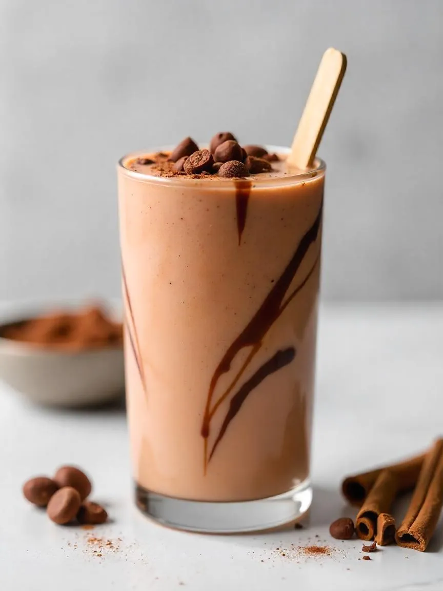 This smoothie takes on a cosmic dessert form — creamy and rich with swirling shades of warm chocolate and cinnamon tones, accented by a subtle shimmer that mimics stardust.