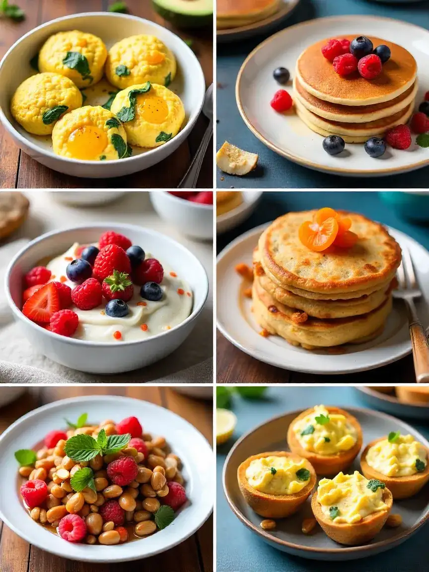 Collage of diet-specific breakfasts including keto egg muffins, chia pudding, almond pancakes, gluten-free buckwheat porridge, rice cakes with peanut butter, paleo sweet potato toast, and zucchini egg nests.