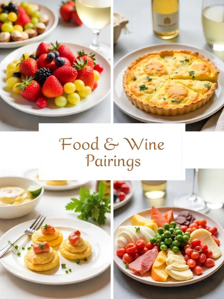 Collage of spring dishes paired with different sparkling wines for Easter brunch.