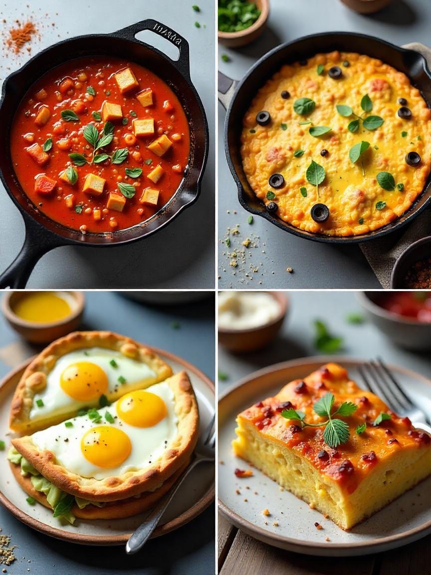 A collage of global egg dishes including shakshuka, frittata, breakfast burrito, and baked strata, styled with spices and herbs.