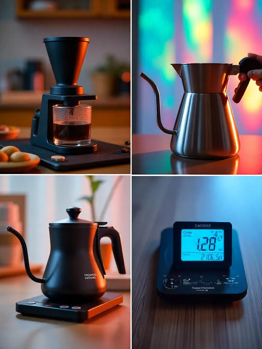 Collage of coffee essentials: burr grinder, gooseneck kettle, digital scale, and thermometer for perfect brewing.