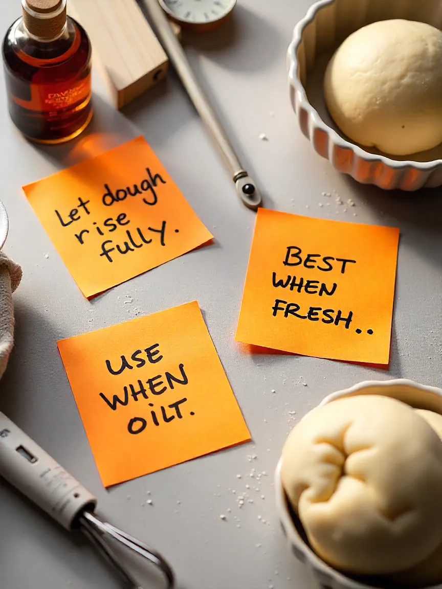 Baking tips for vanilla beignets written on recipe cards with visual ingredients.